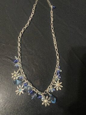 Silver Floral Blue Bead Charm Necklace - Women Jewelry